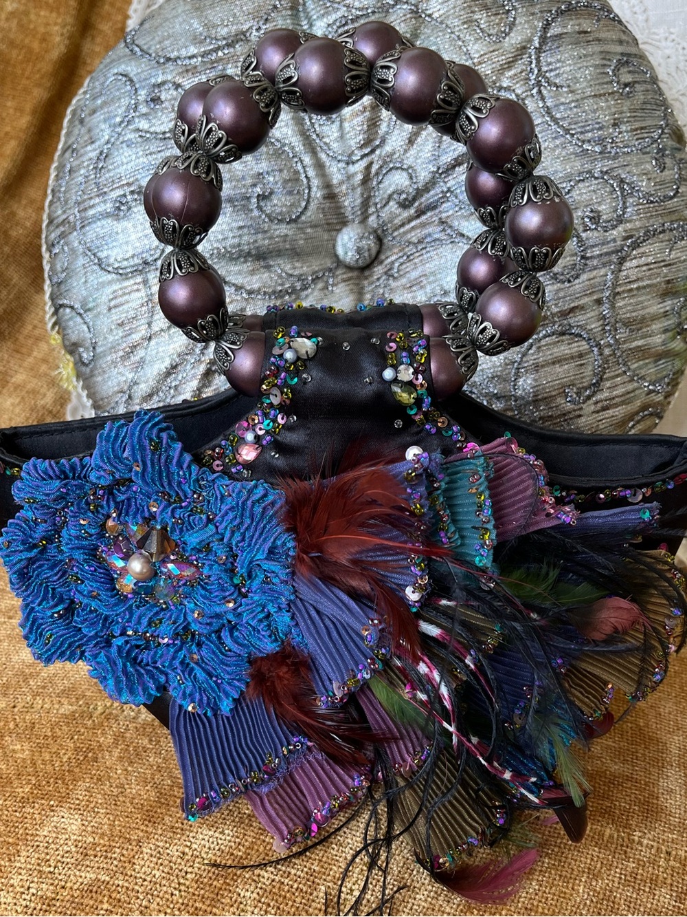 Mary Frances Vintage Blue Black Handbag Multicolor Floral, Feathers, beaded🦚